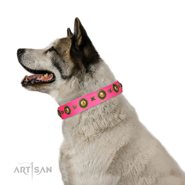 Handcrafted walking leather Akita Inu collar