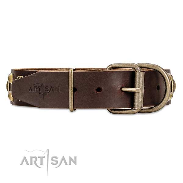 Strong leather dog collar with chrome plated hardware