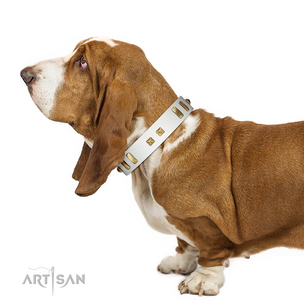 Gentle to Touch White Genuine Leather Collar for Basset Hound