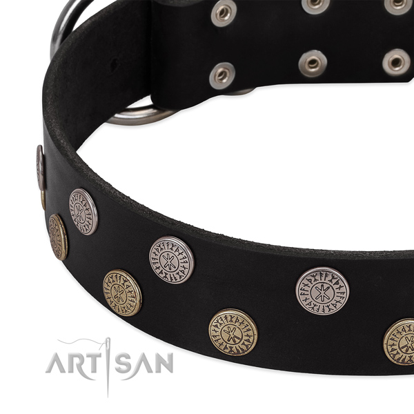 Black leather dog collar with vintage decorations