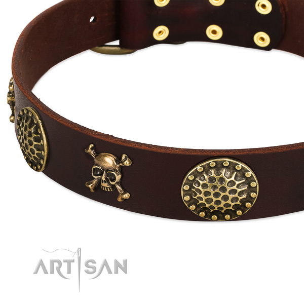 Brown leather dog collar with vintage decorations