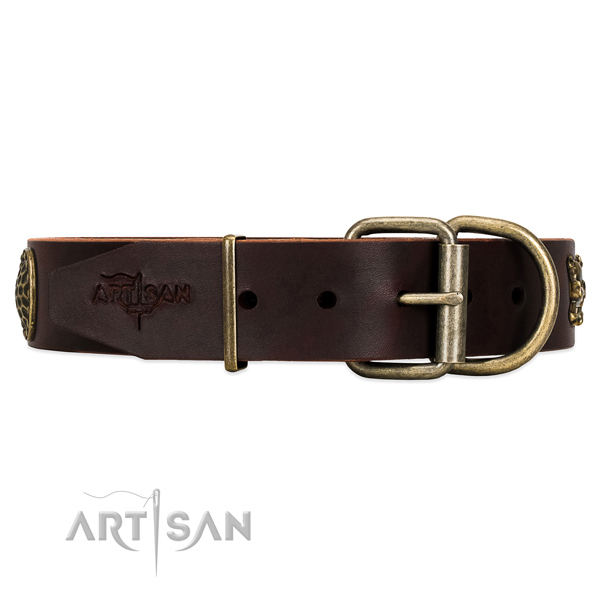 Leather dog collar with old bronze-like hardware