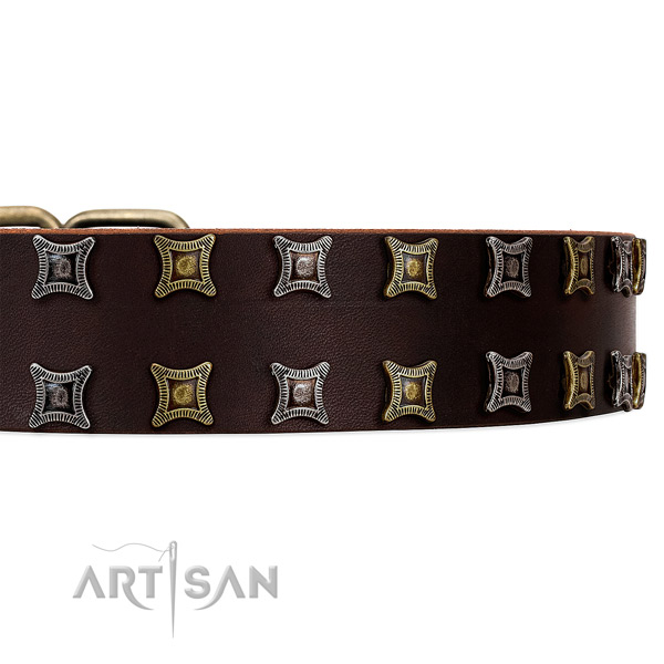 Amazing brown leather collar with two rows of gorgeous studs