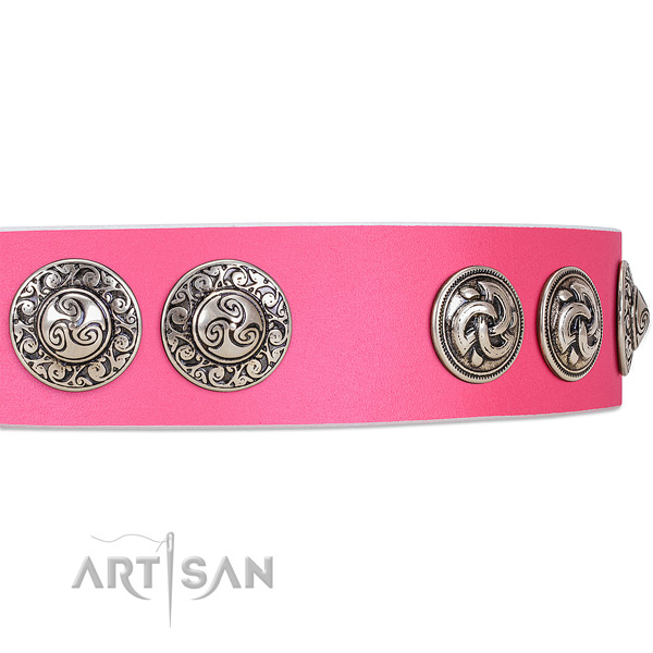 Begulling pink leather dog collar with engraved medallions