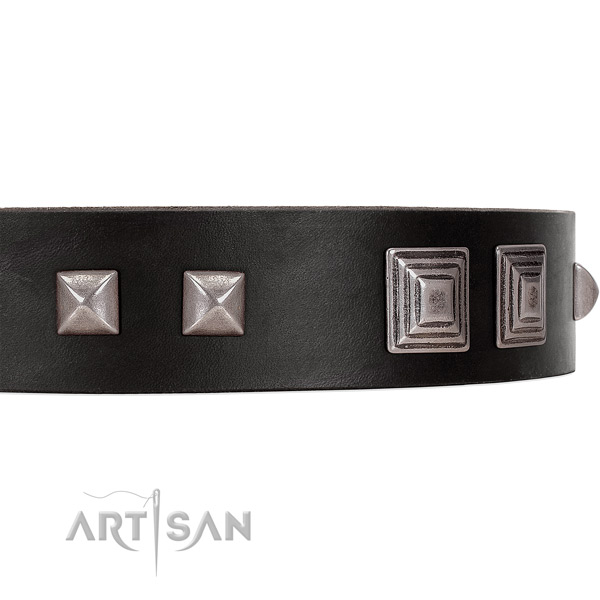 FDT Artisan black leather dog collar with square studs and pyramids