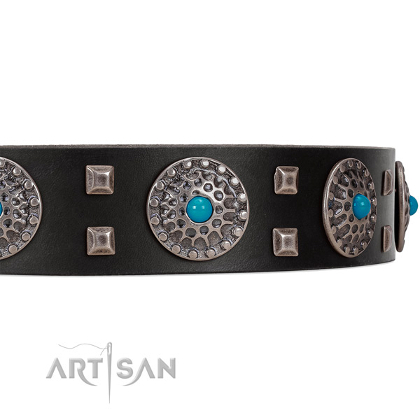 Elegant black leather dog collar with chic decorations