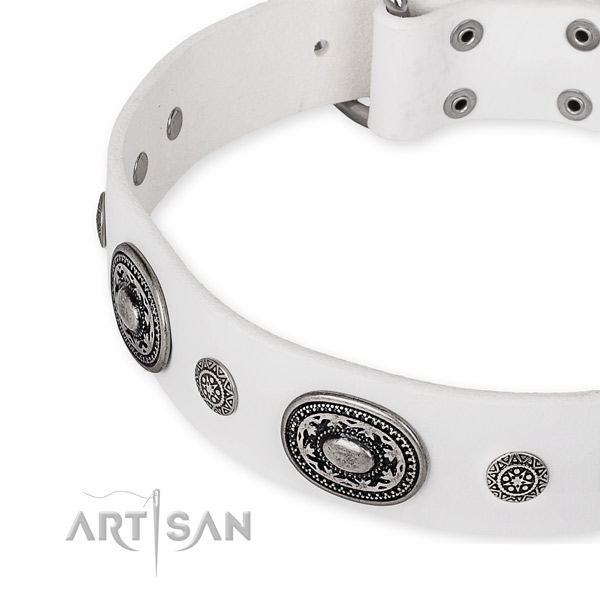 White Leather Artisan Dog Collar with Old Silver Look Hardware