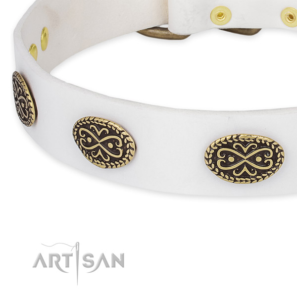 White Leather Dog Collar with Ornamented Ovals