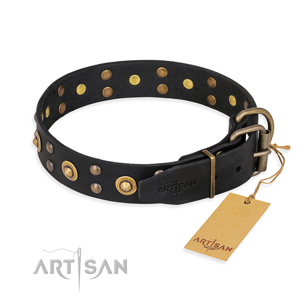 Black Leather Dog Collar Decorated with Round Studs