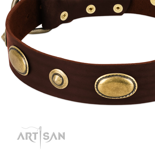 Elegant Leather Dog Collar with Bronze-Like Plated Decorations