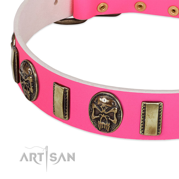 Elegant pink leather dog collar with riveted decorations