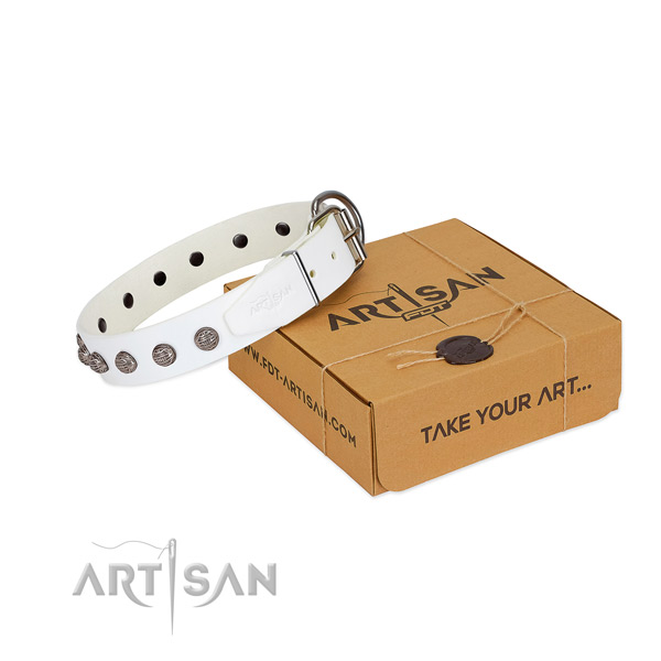 Tremendous white leather dog collar with luxurious decorations