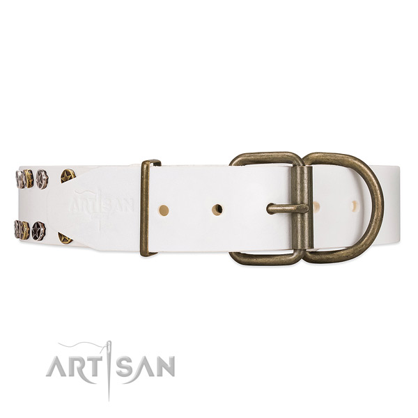 White dog collar with old bronze-like hardware