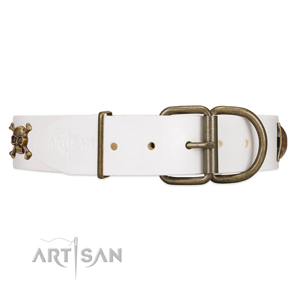 Durable white leather dog collar with old bronze-like hardware