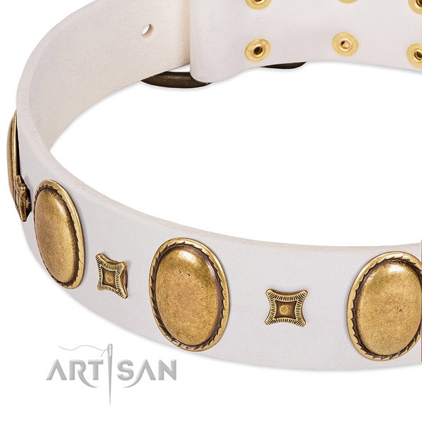 White leather dog collar with vintage decorations