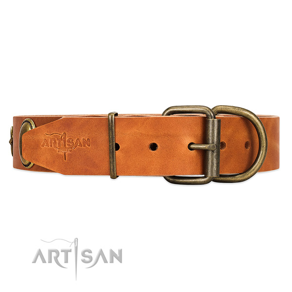 Soft leather dog collar with non-corrosive buckle and D-ring