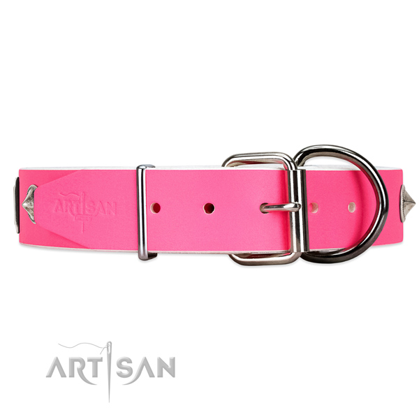 Strong leather dog collar with chrome plated hardware