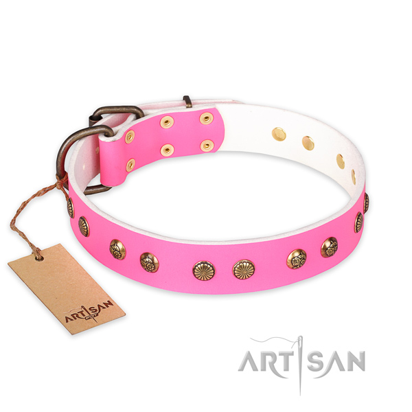 Pink Leather Dog Collar with Durable Buckle and D-Ring