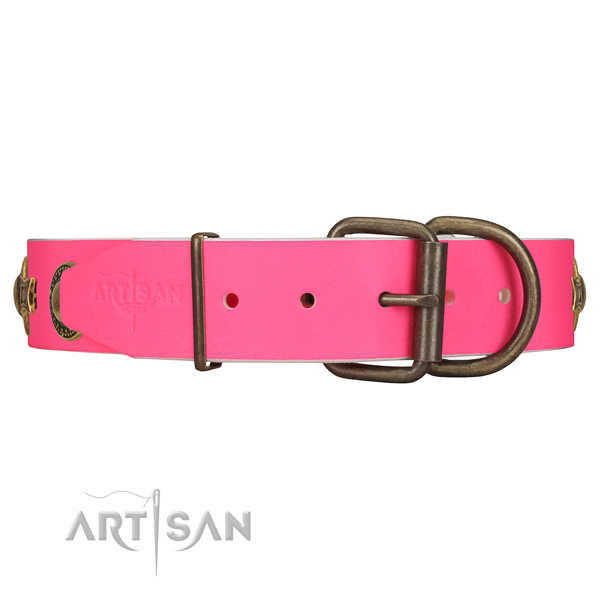 Strong leather dog collar with chrome plated hardware