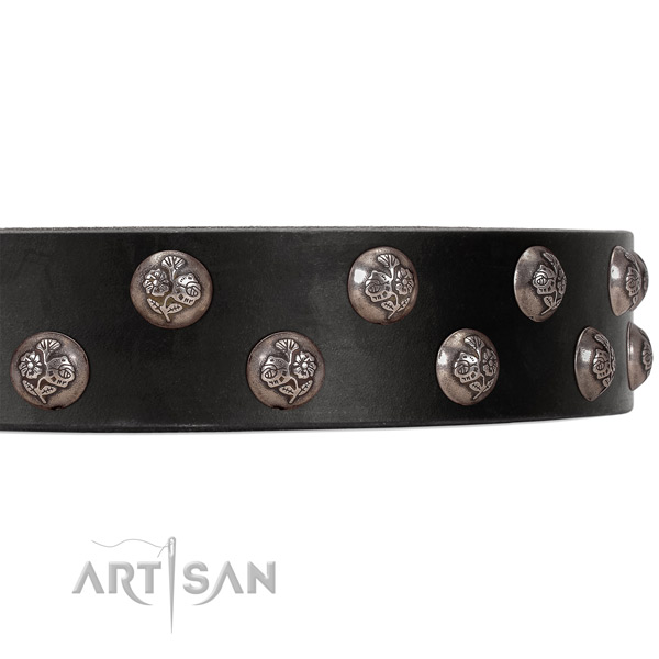 FDT Artisan black leather dog collar with small studs with flower ornament