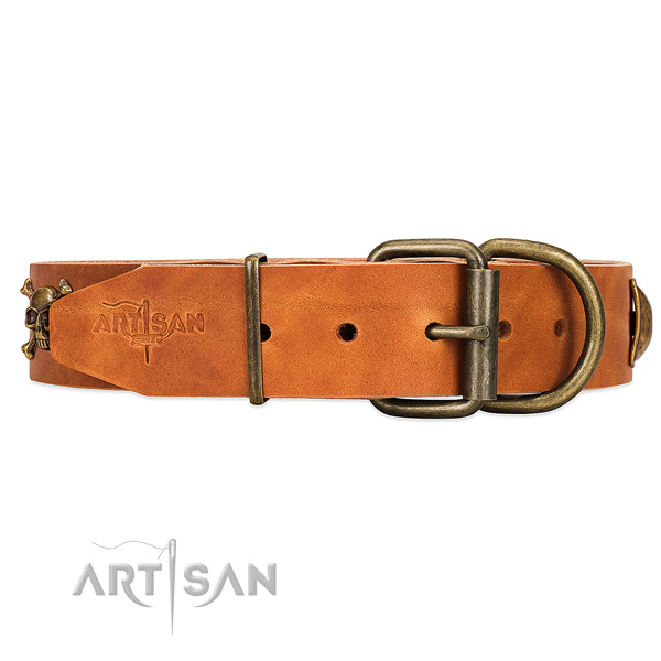 Durable tan leather dog collar with old bronze-like hardware