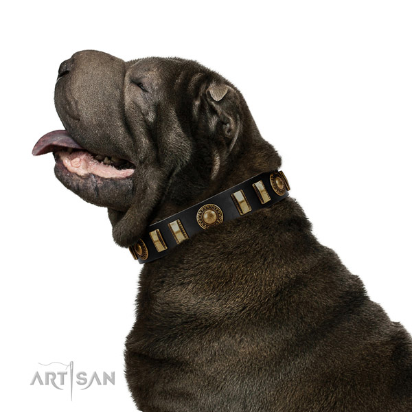 Shar Pei Artisan black leather collar for elegant look