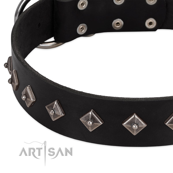 Black leather dog collar with vintage decorations