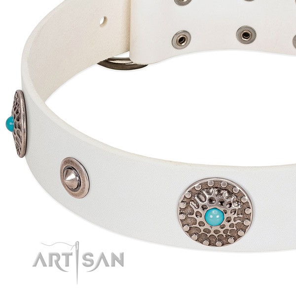 White leather dog collar with vintage decorations and blue stones