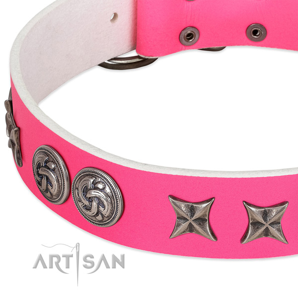 Pink leather dog collar with vintage decorations