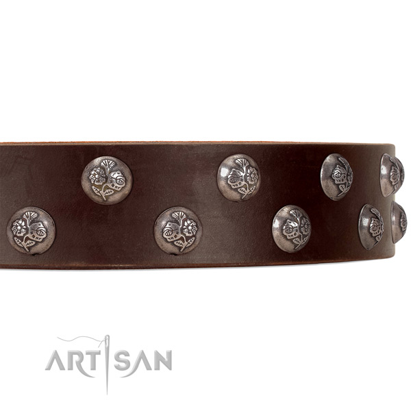 FDT Artisan brown leather dog collar with small studs with flower ornament