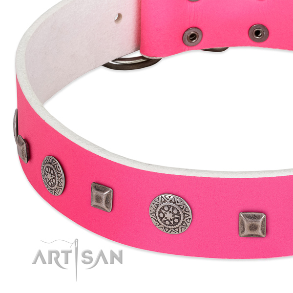 Pink leather dog collar with vintage decorations